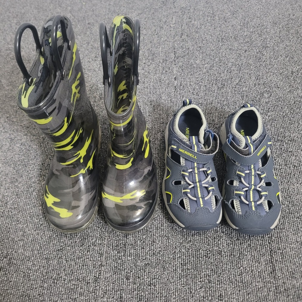 Merrell Size 11 Sandal and Camo Rain Boot Bundle Boys Blue Grey Lime Green